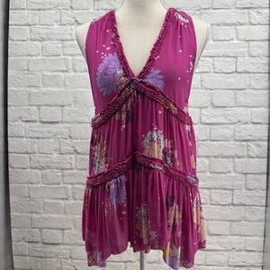 Free People Purple Haze Floral Tiered Ruffle Tunic Tank Top XS Boho Romantic